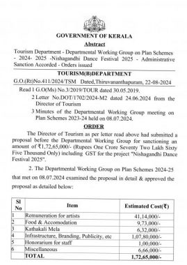  An order issued by the Department of Tourism on July 22, 2024 allocating funds for Nishagandhi Fest