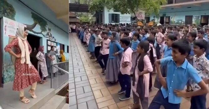 Students and teacher practicing Zumba at a school in Kottakal