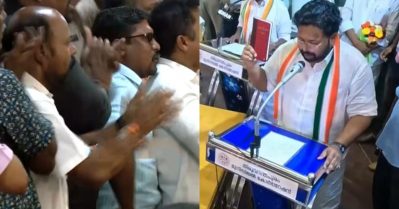 തിരുവനന്തപുരം കോര്‍പ്പറേഷന്‍; സത്യപ്രതിജ്ഞ ചടങ്ങില്‍ ഗണഗീതം പാടി ബി.ജെ.പി, ഭരണഘടന കയ്യിലേന്തി യു.ഡി.എഫ് കൗണ്‍സിലര്‍മാര്‍