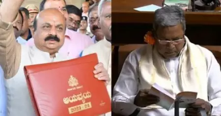 ബൊമ്മൈയുടെ അവസാന ബജറ്റ്; ചെവിയില്‍ പൂവ് വെച്ച് പ്രതിഷേധിച്ച് കോണ്‍ഗ്രസ്