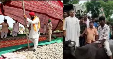 ബിഹാറില്‍ പോത്തുകള്‍ക്ക് മുകളില്‍ കയറി കര്‍ഷകര്‍, പഞ്ചാബില്‍ റെയില്‍വേ ട്രാക്കില്‍ സമരപന്തല്‍; ഭാരത് ബന്ദില്‍ വന്‍ ജനപങ്കാളിത്തം