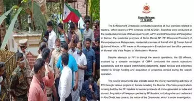 ‘പോപ്പുലര്‍ ഫ്രണ്ട് നേതാക്കള്‍ക്ക് വിദേശത്ത് ബാറും റെസ്റ്റോറന്റും’; ആരോപണവുമായി ഇ.ഡി