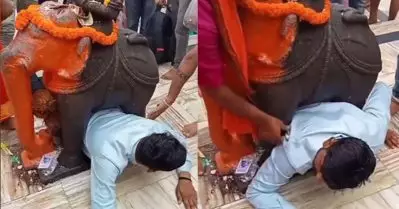 ക്ഷേത്രത്തില്‍ പ്രാര്‍ത്ഥനക്കിടെ ആനയുടെ പ്രതിമക്കടിയില്‍ കുടുങ്ങി യുവാവ്; വീഡിയോ