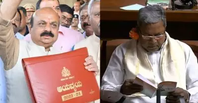 ബൊമ്മൈയുടെ അവസാന ബജറ്റ്; ചെവിയില്‍ പൂവ് വെച്ച് പ്രതിഷേധിച്ച് കോണ്‍ഗ്രസ്