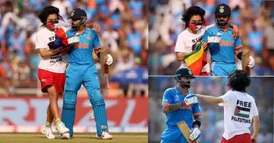 ‘ഫലസ്തീനെ മോചിപ്പിക്കൂ’; ഒപ്പം വിരാടിനോടുള്ള സ്നേഹവും, പിച്ചിൽ വിരാടിനെ കെട്ടിപ്പിടിച്ച് ഫലസ്തീൻ അനുകൂല ആരാധകൻ